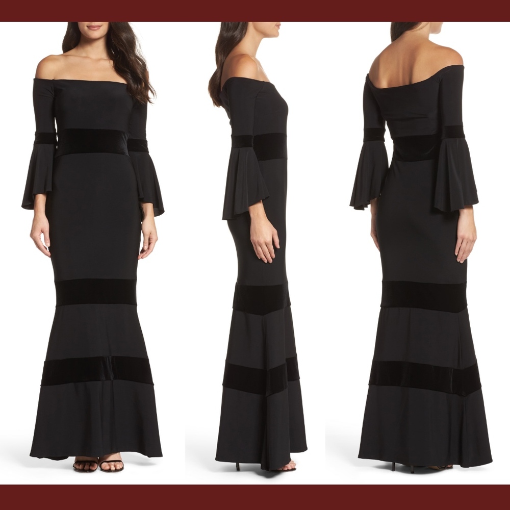 NWT Xscape Velvet Trim Off the Shoulder Mermaid Dress Black [PETITE SZ‎ 4P ]